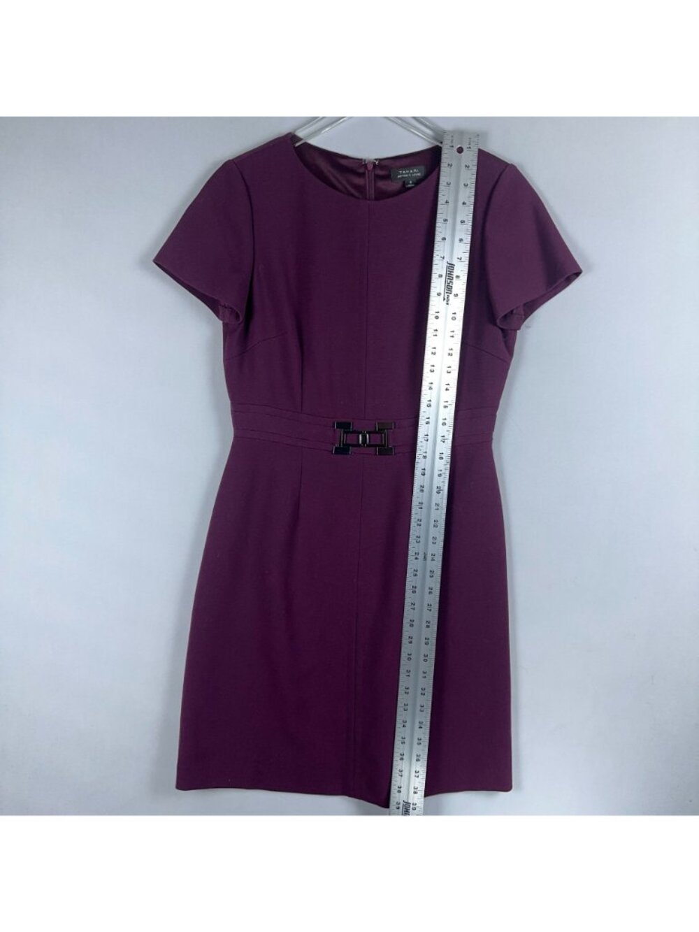 Tahari Arthur S. Levine Sheath Dress Women Size 8 Purple Short Sleeve Belted - Picture 7 of 12